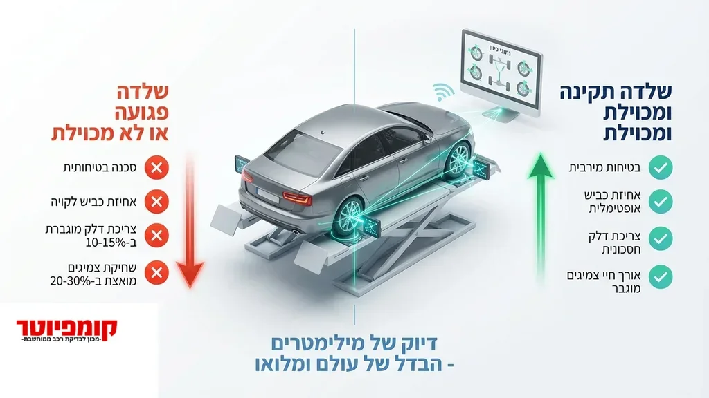 בסיום הפסקה המסבירה על חשיבותה של בדיקת שלדה מקיפה מערכת ממוחשבת לבדיקת שלדת רכב עם קרני לייזר במוסך