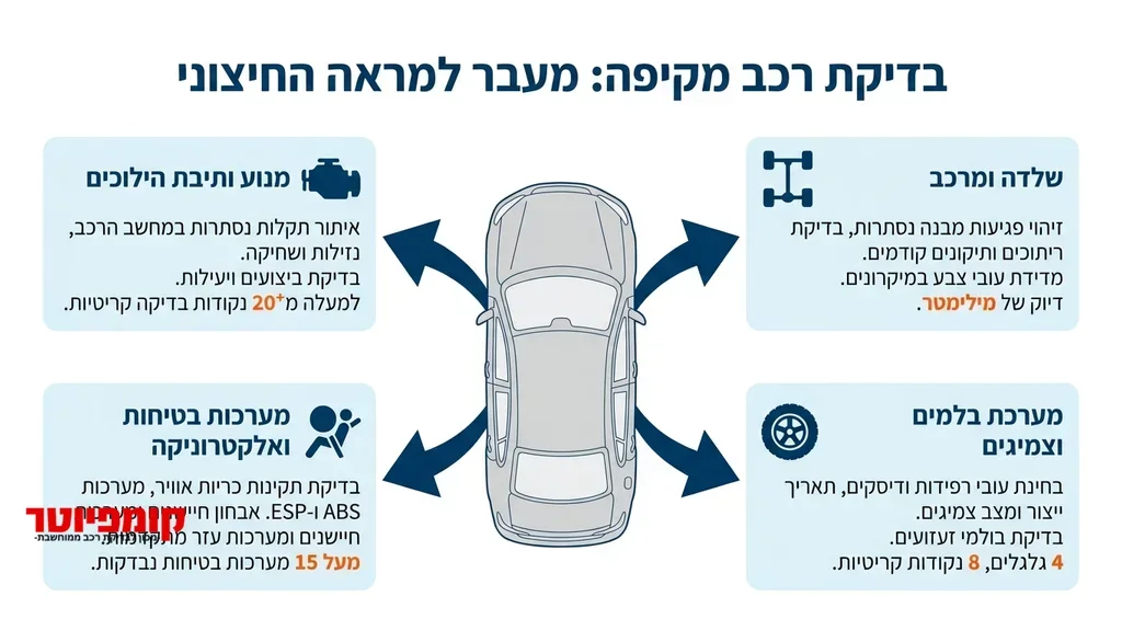 לאחר תיאור החשיבות של בדיקת רכב לפני קנייה והצורך באבחון מעמיק מעבר למראה החיצוני. בוחן רכב מקצועי בודק את תא המנוע של רכב משומש לפני קנייה